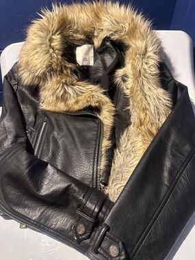 Kids Faux Fur Lined Black Moto Jacket